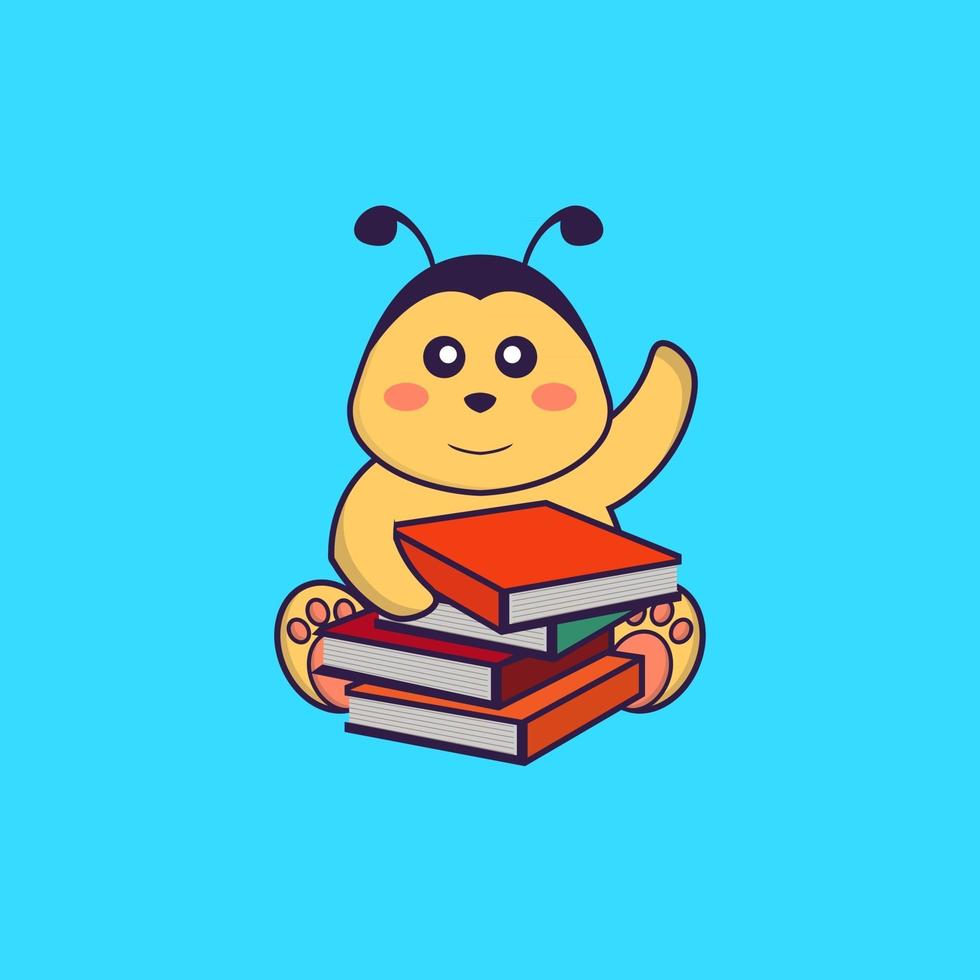 abelha bonita lendo um livro. conceito de desenho animado animal isolado. pode ser usado para t-shirt, cartão de felicitações, cartão de convite ou mascote. estilo cartoon plana vetor