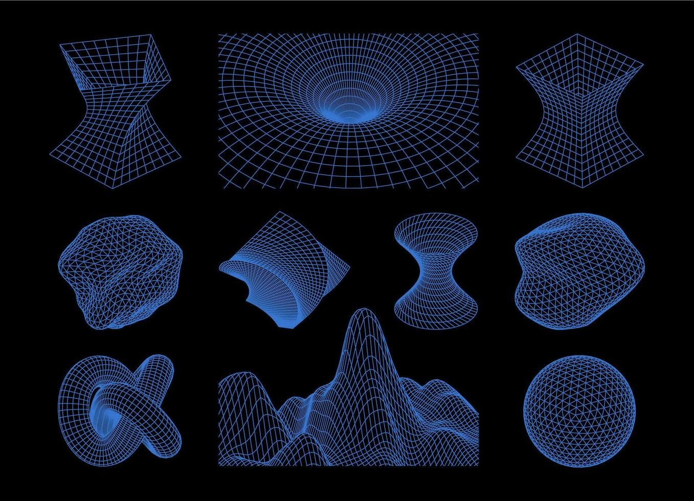 estrutura de arame formas. 3d geométrico malha abstrato elementos. cyberpunk futurista linha objetos. retro onda de vapor synthwave vetor conjunto