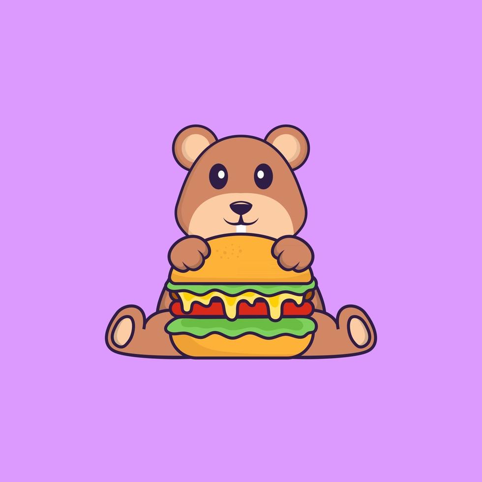 esquilo bonito comendo hambúrguer. conceito de desenho animado animal isolado. pode ser usado para t-shirt, cartão de felicitações, cartão de convite ou mascote. estilo cartoon plana vetor