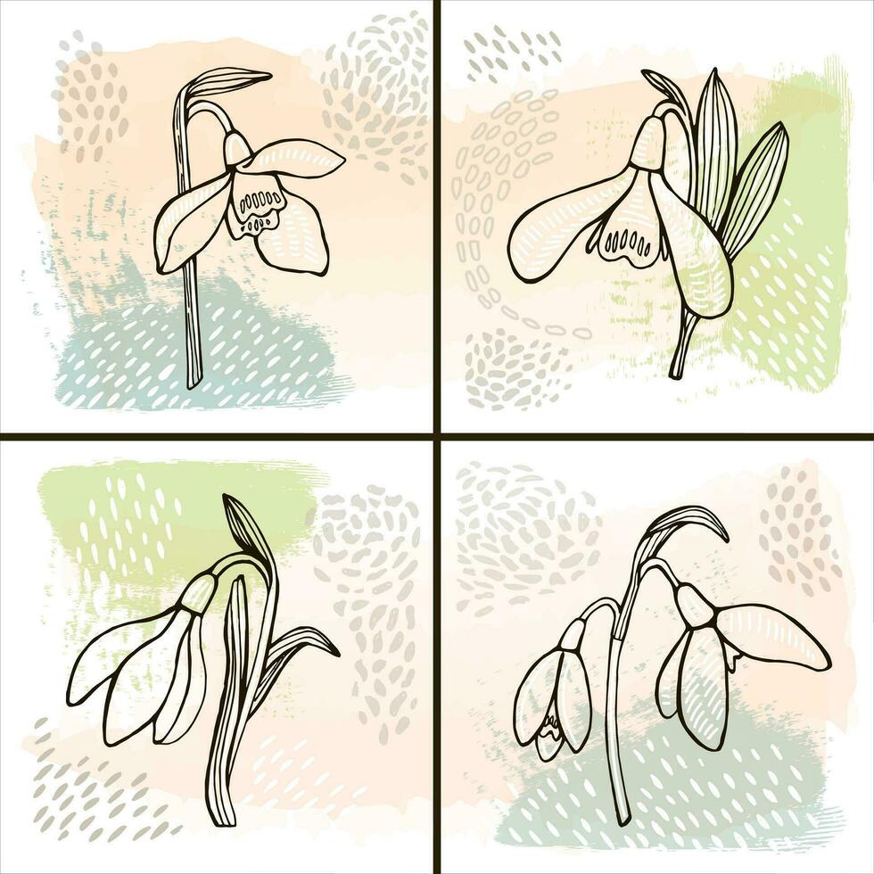 conjunto do moderno abstrato ilustrações do snowdrops flores, folhas, diferente linhas e formas para parede decoração, cartões postais ou folheto cobrir Projeto. vetor Projeto ilustração