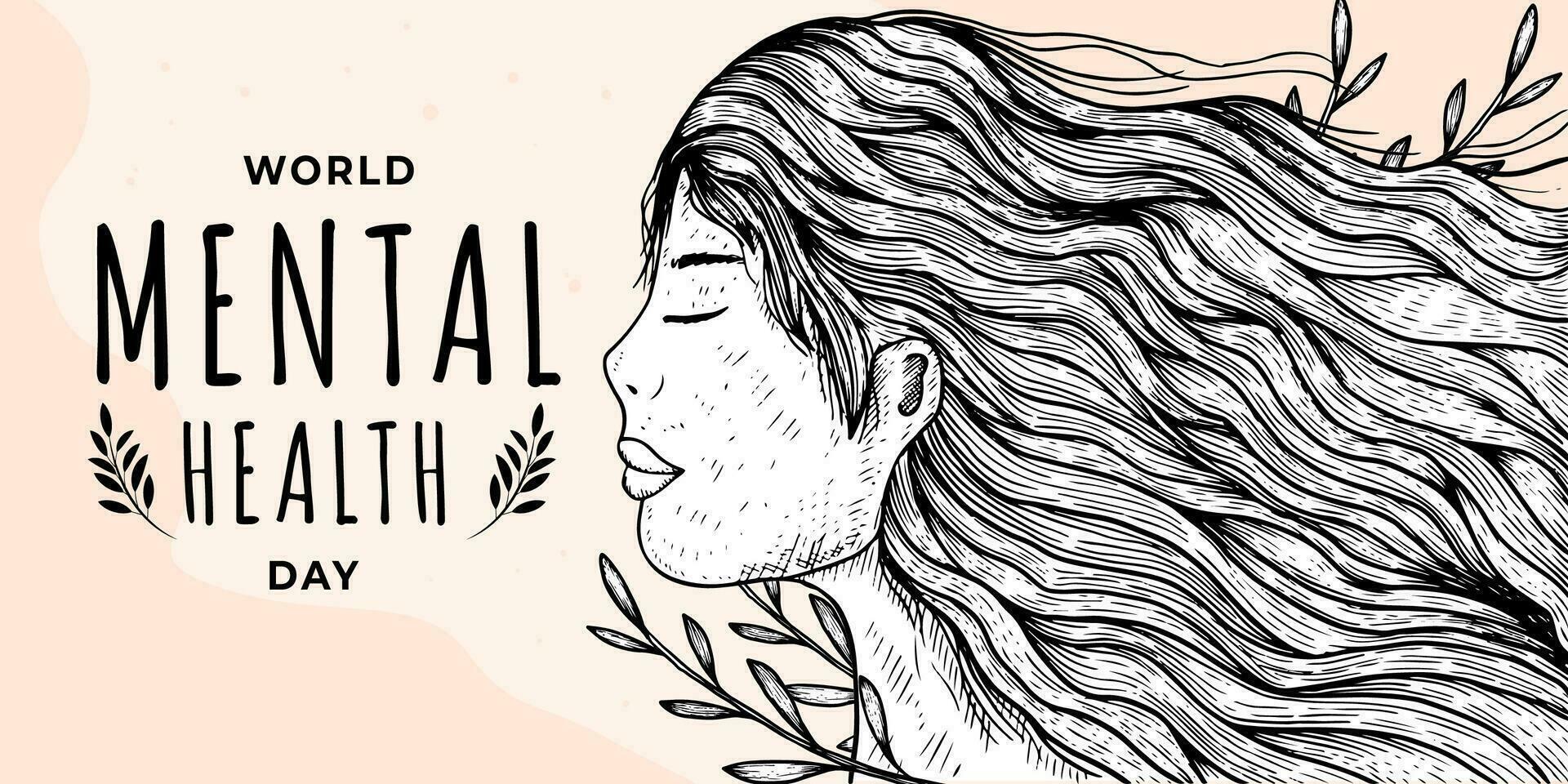 mão desenhado mundo mental saúde dia horizontal bandeira ilustração com mulheres e floral vetor