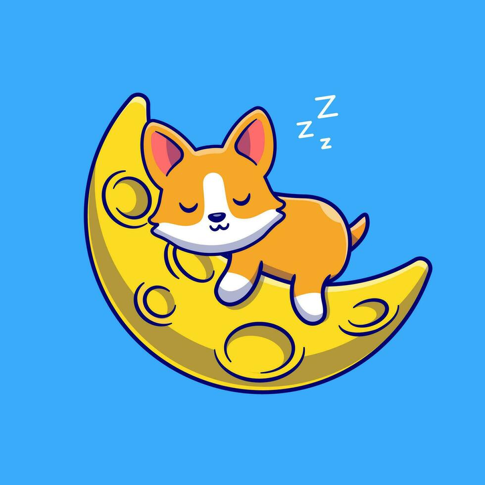 fofa corgi cachorro dormindo em a lua desenho animado vetor ícone ilustração. animal natureza ícone conceito isolado Prêmio vetor. plano desenho animado estilo