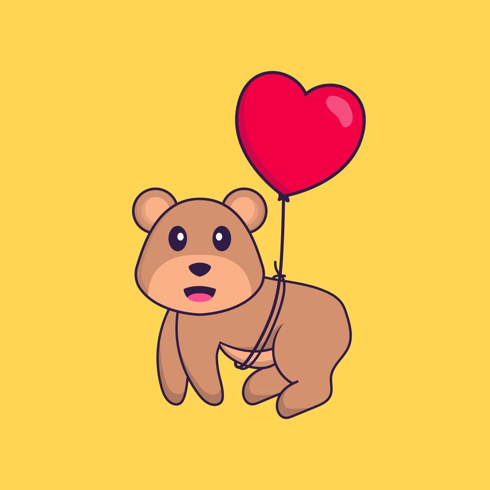 fofo urso voando com balões em forma de amor. conceito de desenho animado animal isolado. pode ser usado para t-shirt, cartão de felicitações, cartão de convite ou mascote. estilo cartoon plana vetor