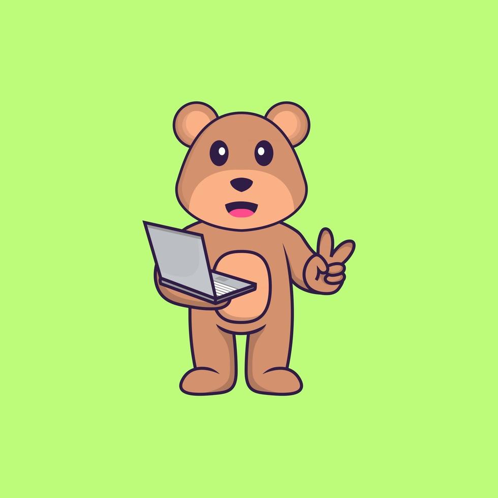 urso bonito segurando laptop. conceito de desenho animado animal isolado. pode ser usado para t-shirt, cartão de felicitações, cartão de convite ou mascote. estilo cartoon plana vetor