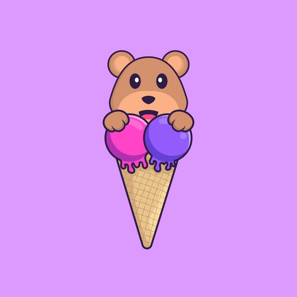 urso fofo com sorvete doce. conceito de desenho animado animal isolado. pode ser usado para t-shirt, cartão de felicitações, cartão de convite ou mascote. estilo cartoon plana vetor