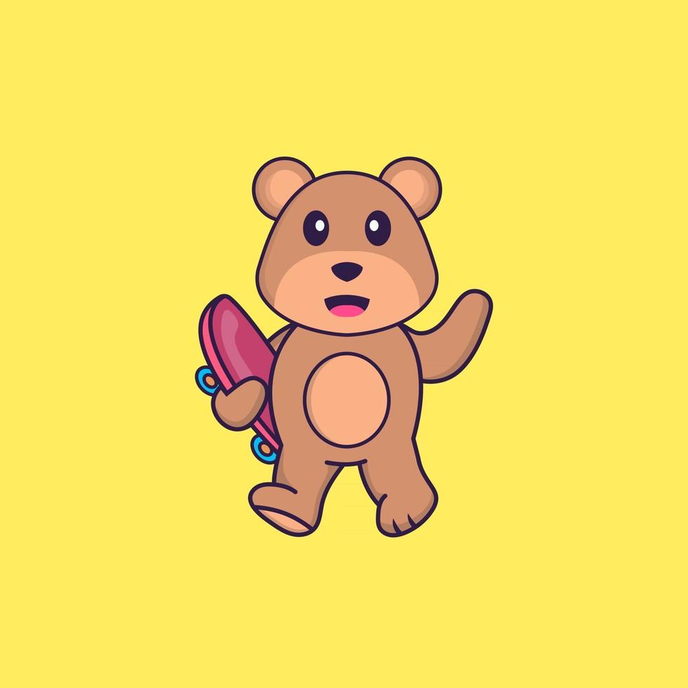 urso bonito segurando um skate. conceito de desenho animado animal isolado. pode ser usado para t-shirt, cartão de felicitações, cartão de convite ou mascote. estilo cartoon plana vetor