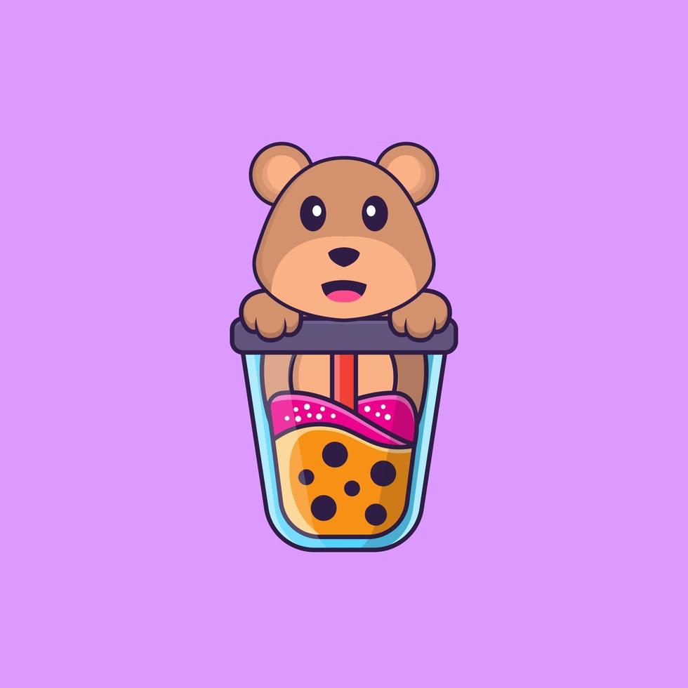 urso bonito bebendo chá com leite de boba. conceito de desenho animado animal isolado. pode ser usado para t-shirt, cartão de felicitações, cartão de convite ou mascote. estilo cartoon plana vetor