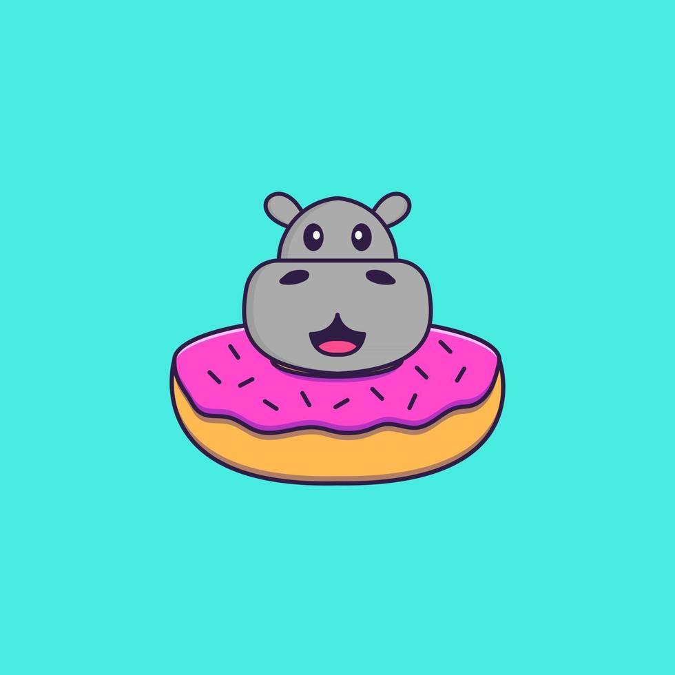 hipopótamo fofo com uma rosquinha no pescoço. conceito de desenho animado animal isolado. pode ser usado para t-shirt, cartão de felicitações, cartão de convite ou mascote. estilo cartoon plana vetor