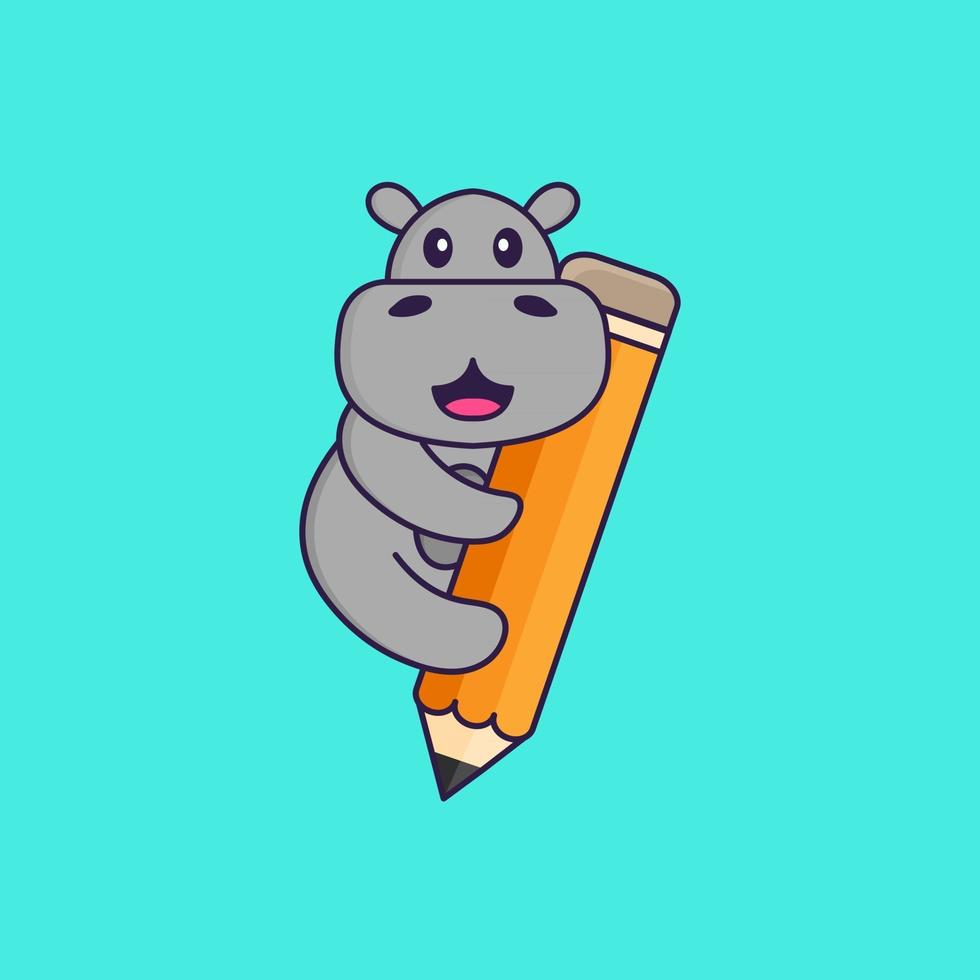 hipopótamo fofo segurando um lápis. conceito de desenho animado animal isolado. pode ser usado para t-shirt, cartão de felicitações, cartão de convite ou mascote. estilo cartoon plana vetor