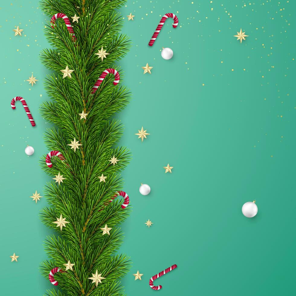 Natal árvore galhos decorado com dourado estrelas e flocos de neve, doce bengalas e branco Natal bolas. feriado decoração elemento com desejos. vetor ilustração