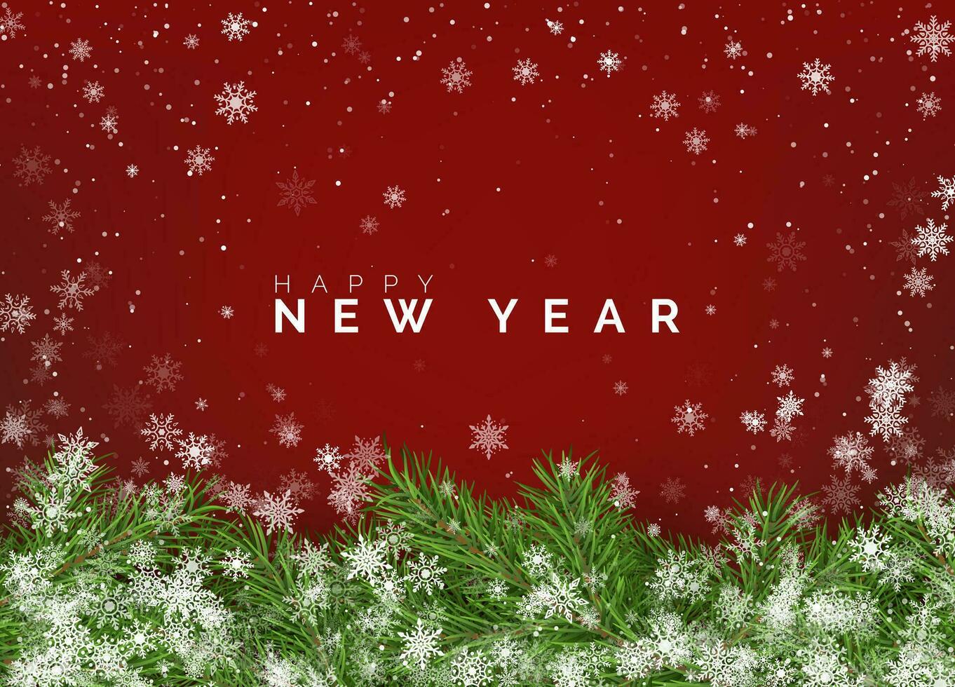alegre Natal e feliz Novo ano cumprimento cartão. Natal árvore galhos em vermelho fundo com branco queda flocos de neve. feriado decoração elementos. vetor ilustração