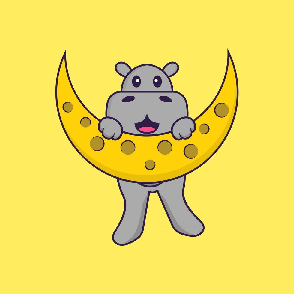 hipopótamo fofo está na lua. conceito de desenho animado animal isolado. pode ser usado para t-shirt, cartão de felicitações, cartão de convite ou mascote. estilo cartoon plana vetor