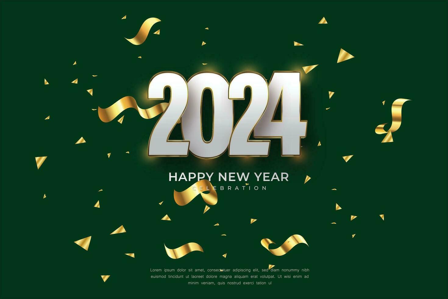 feliz Novo ano 2024. dourado 3d números com ouro confete e branco estilo em elegante fundo vetor