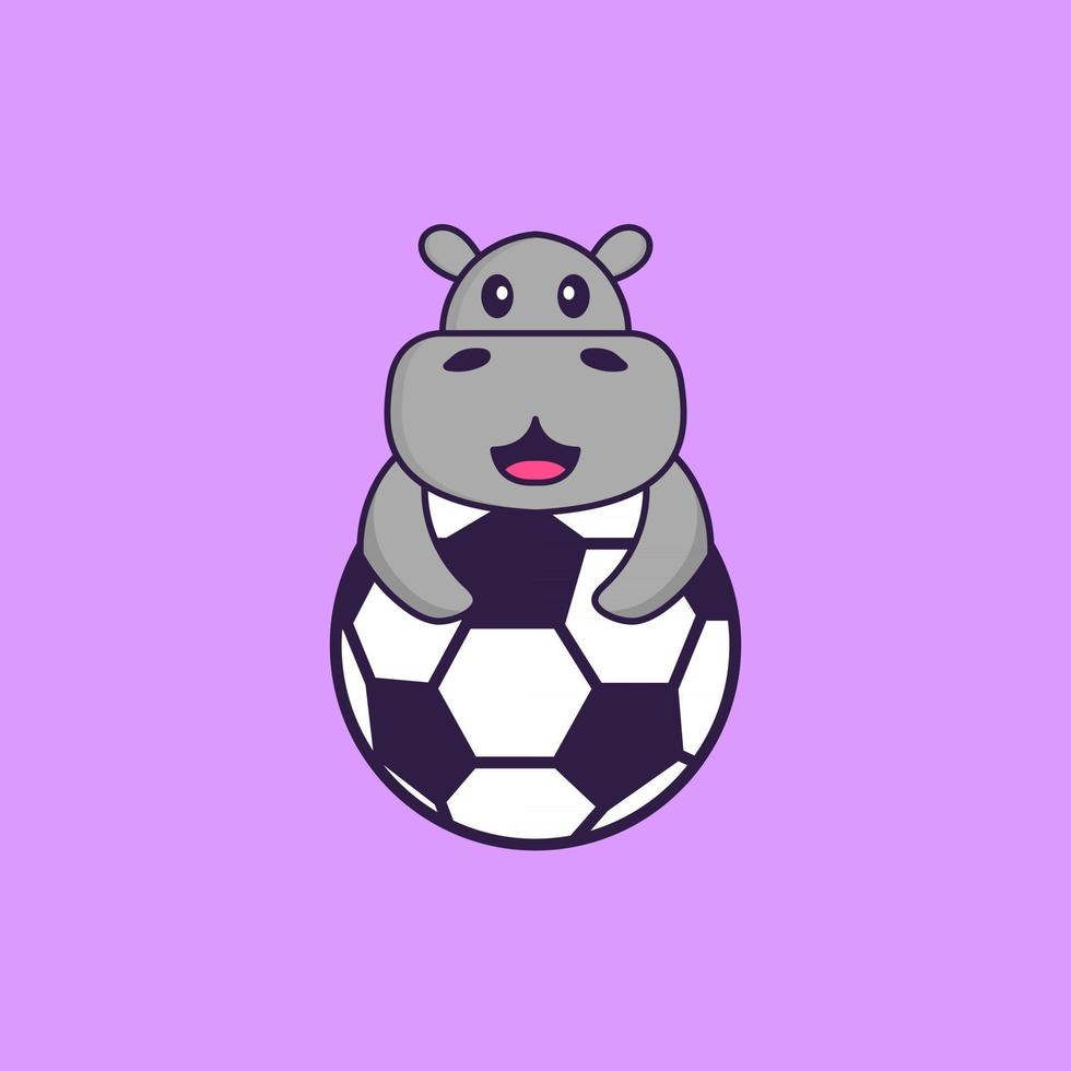 hipopótamo fofo jogando futebol. conceito de desenho animado animal isolado. pode ser usado para t-shirt, cartão de felicitações, cartão de convite ou mascote. estilo cartoon plana vetor