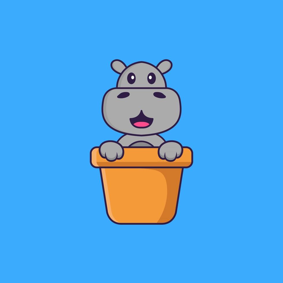 hipopótamo fofo em um vaso de flores. conceito de desenho animado animal isolado. pode ser usado para t-shirt, cartão de felicitações, cartão de convite ou mascote. estilo cartoon plana vetor