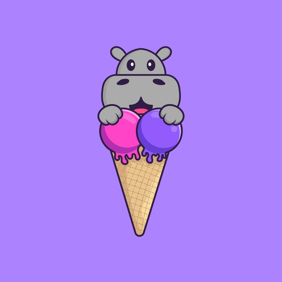 hipopótamo fofo com sorvete doce. conceito de desenho animado animal isolado. pode ser usado para t-shirt, cartão de felicitações, cartão de convite ou mascote. estilo cartoon plana vetor