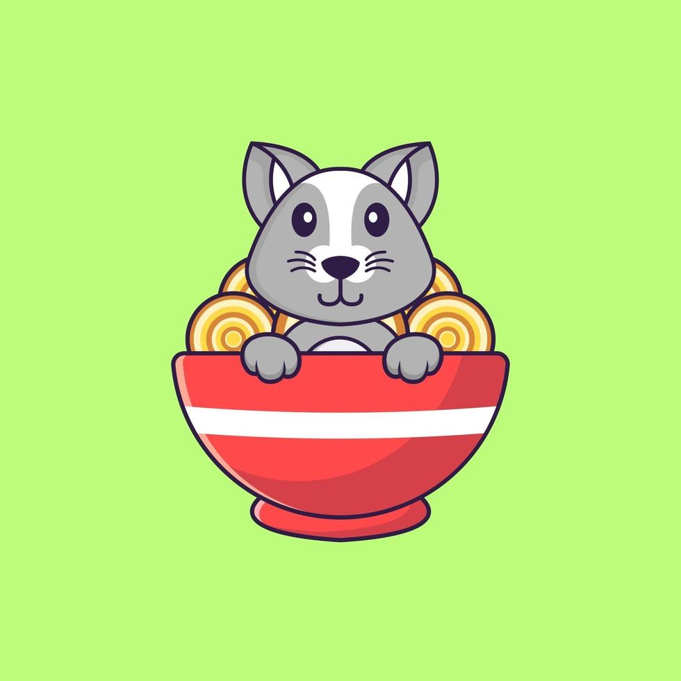 rato bonito comendo macarrão ramen. conceito de desenho animado animal isolado. pode ser usado para t-shirt, cartão de felicitações, cartão de convite ou mascote. estilo cartoon plana vetor