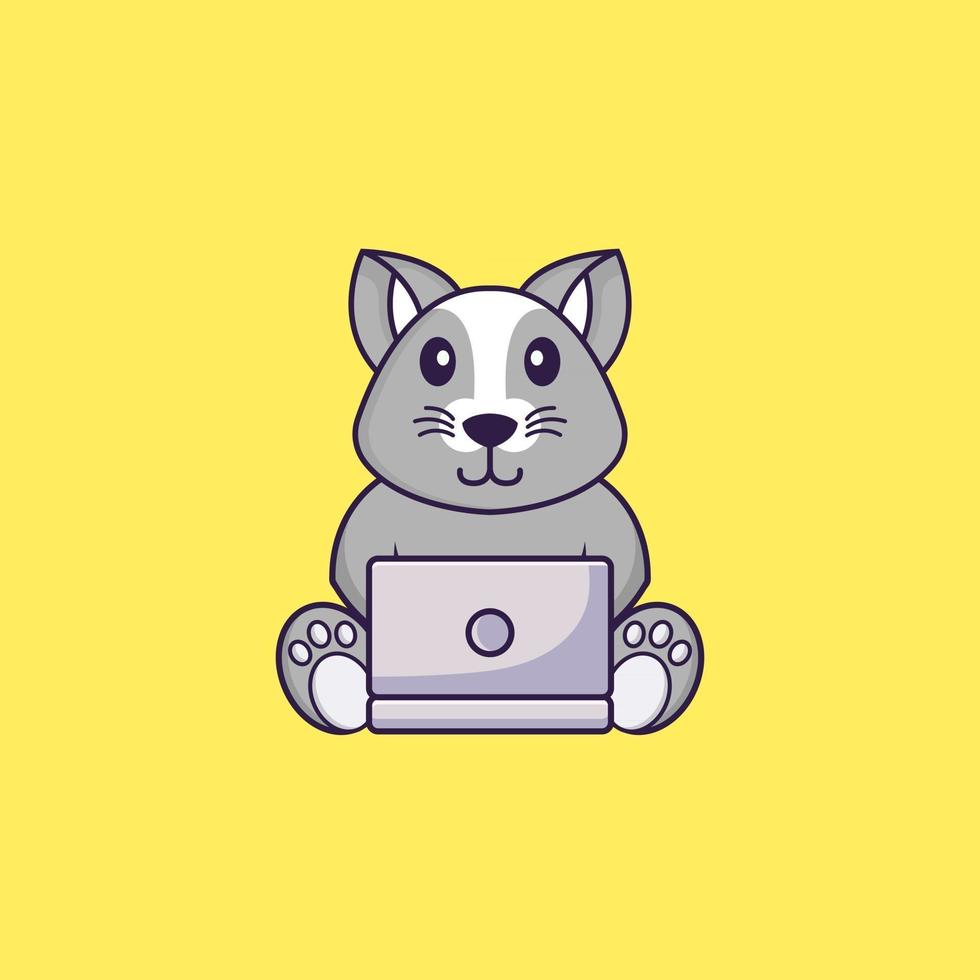 rato bonito usando laptop. conceito de desenho animado animal isolado. pode ser usado para t-shirt, cartão de felicitações, cartão de convite ou mascote. estilo cartoon plana vetor