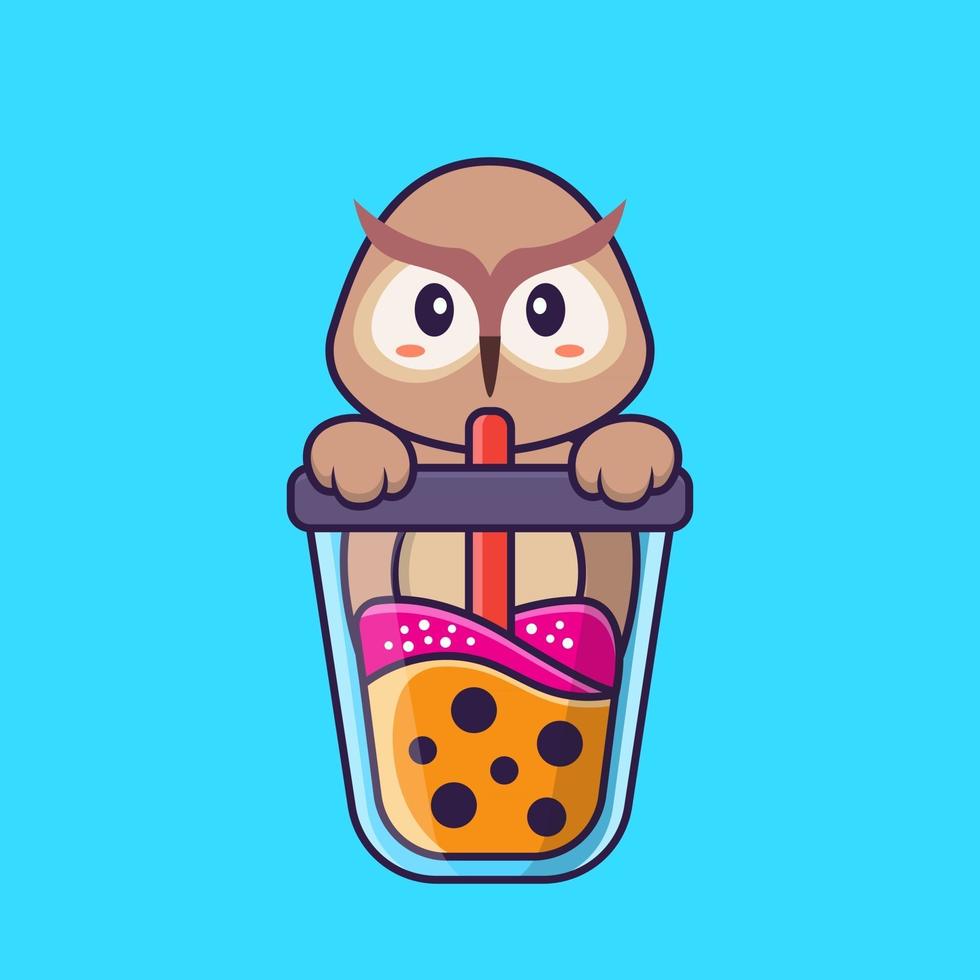 bonito coruja bebendo chá com leite de boba. conceito de desenho animado animal isolado. pode ser usado para t-shirt, cartão de felicitações, cartão de convite ou mascote. estilo cartoon plana vetor