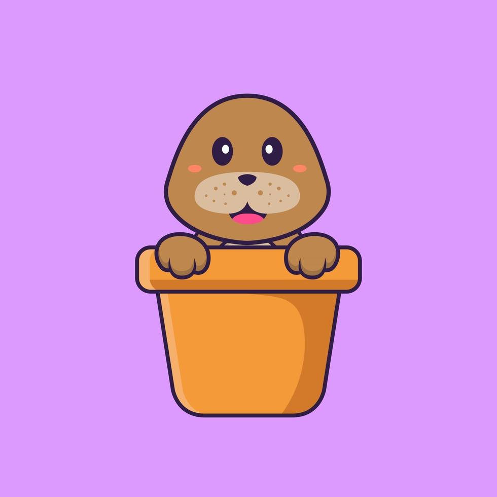cachorro bonito em um vaso de flores. conceito de desenho animado animal isolado. pode ser usado para t-shirt, cartão de felicitações, cartão de convite ou mascote. estilo cartoon plana vetor