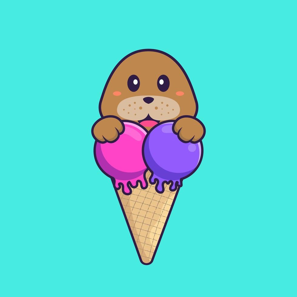 cachorro fofo com sorvete doce. conceito de desenho animado animal isolado. pode ser usado para t-shirt, cartão de felicitações, cartão de convite ou mascote. estilo cartoon plana vetor