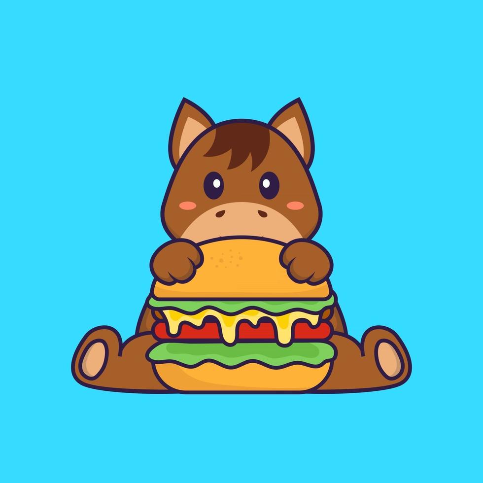 cavalo bonito comendo hambúrguer. conceito de desenho animado animal isolado. pode ser usado para t-shirt, cartão de felicitações, cartão de convite ou mascote. estilo cartoon plana vetor