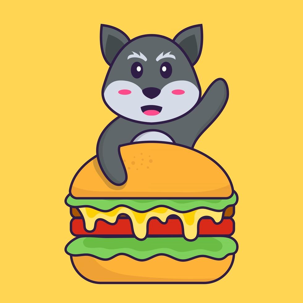 raposa fofa comendo hambúrguer. conceito de desenho animado animal isolado. pode ser usado para t-shirt, cartão de felicitações, cartão de convite ou mascote. estilo cartoon plana vetor