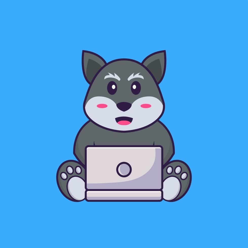 raposa bonita usando laptop. conceito de desenho animado animal isolado. pode ser usado para t-shirt, cartão de felicitações, cartão de convite ou mascote. estilo cartoon plana vetor