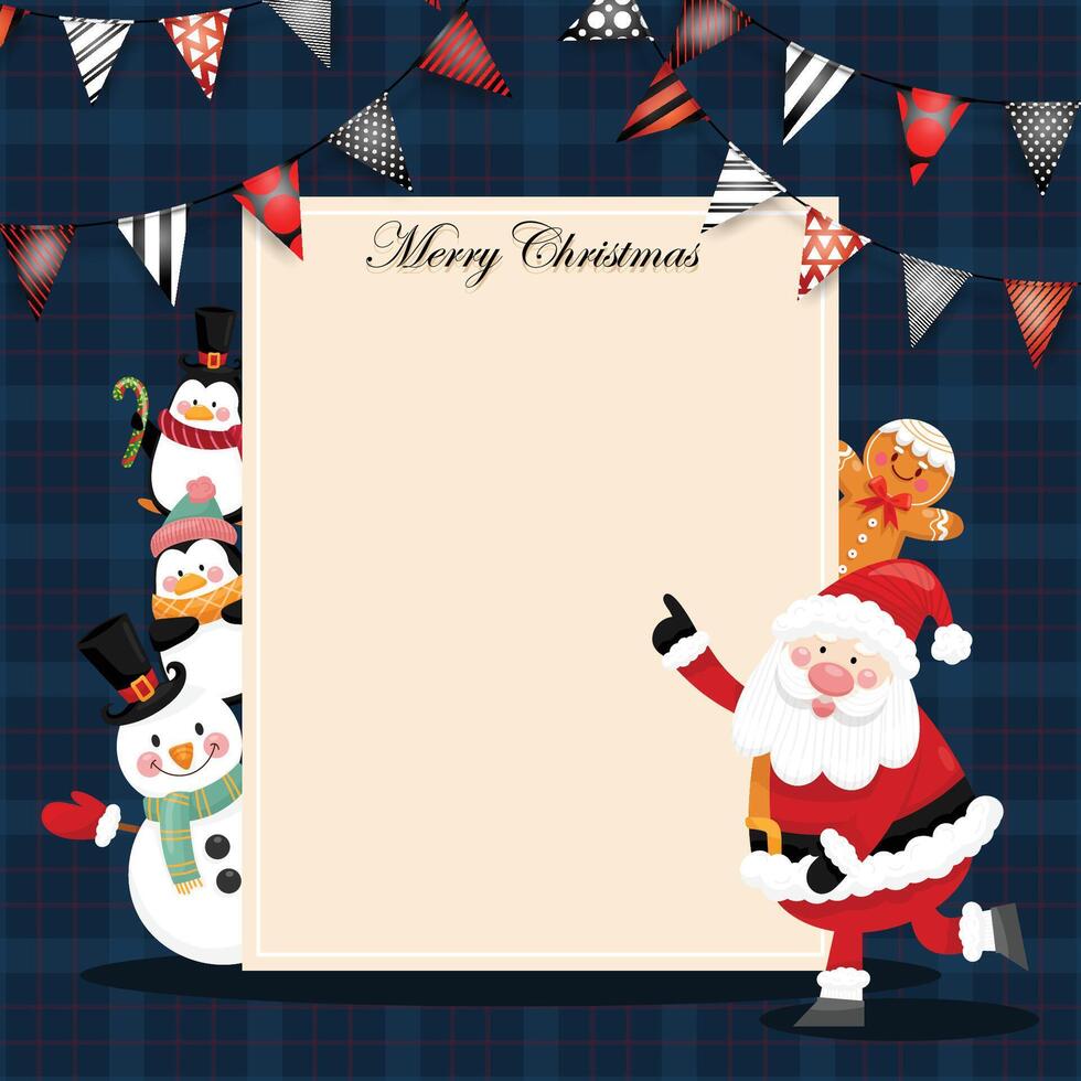 cartão de feliz Natal com Papai Noel, boneco de neve e caixa de presente. vetor