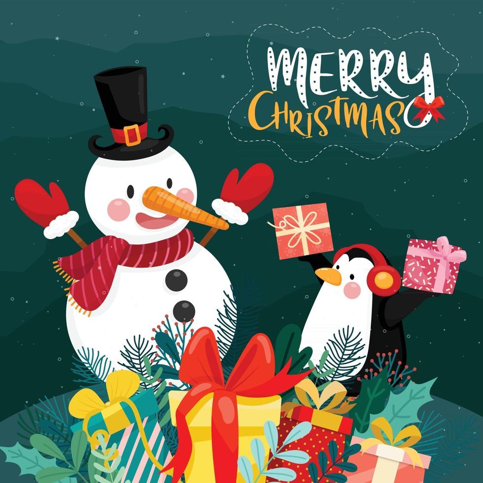 cartão de feliz natal com caixa de presente, pinguim e boneco de neve em neve e fundo de pinheiros vetor