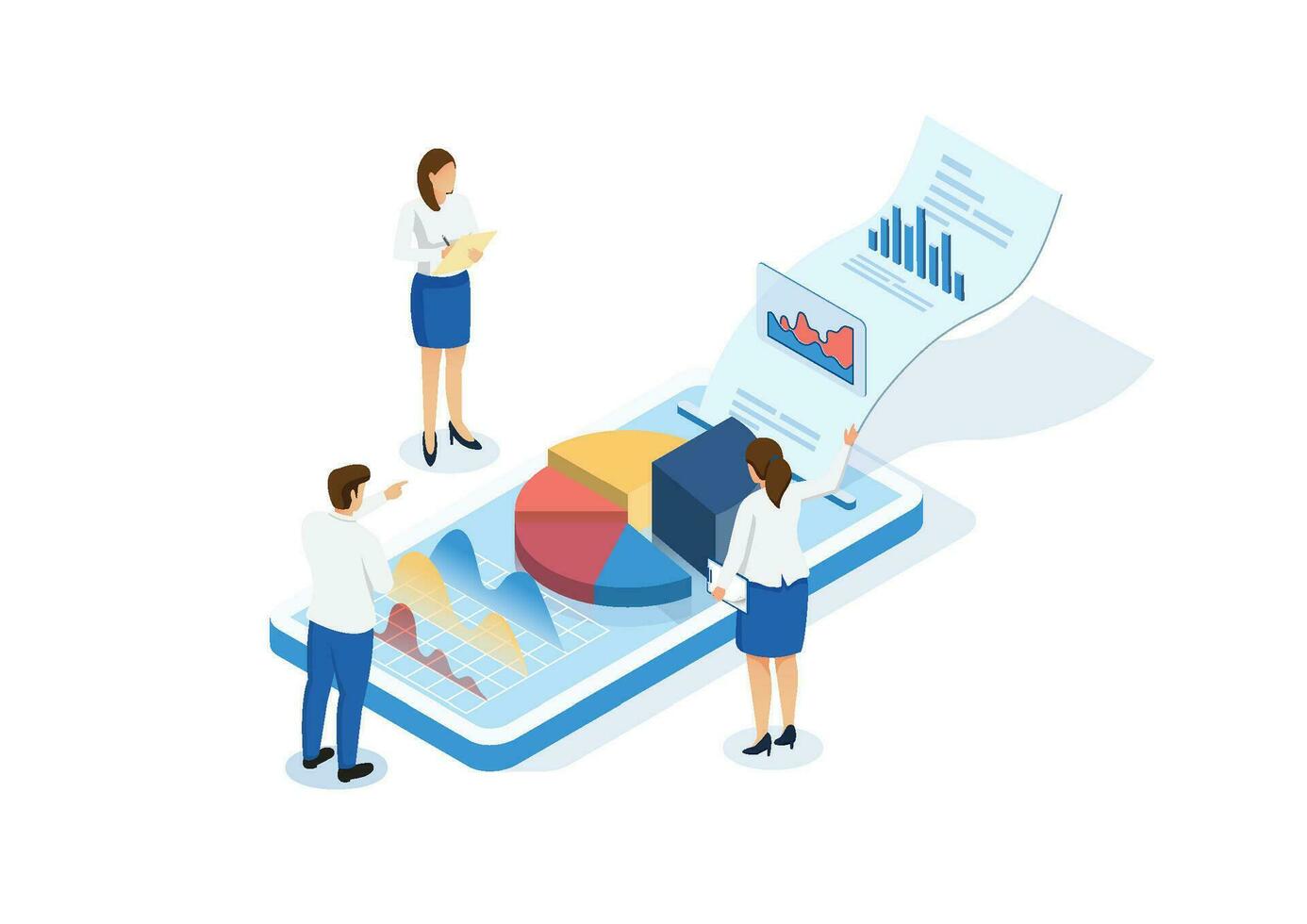 dados análise, financeiro declaração, o negócio receita ou investimento despesas com marketing lucro, imposto, despesas ou marketing estratégia, isométrico homem de negocios e torta gráfico dados relatório em Smartphone vetor