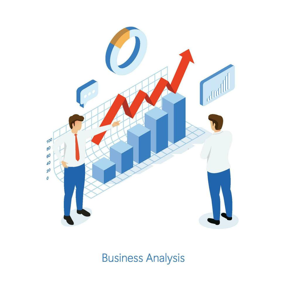 isométrico Projeto estatístico e dados análise para o negócio finança investimento conceito com o negócio pessoas equipe trabalhando gráfico painel.2 vetor