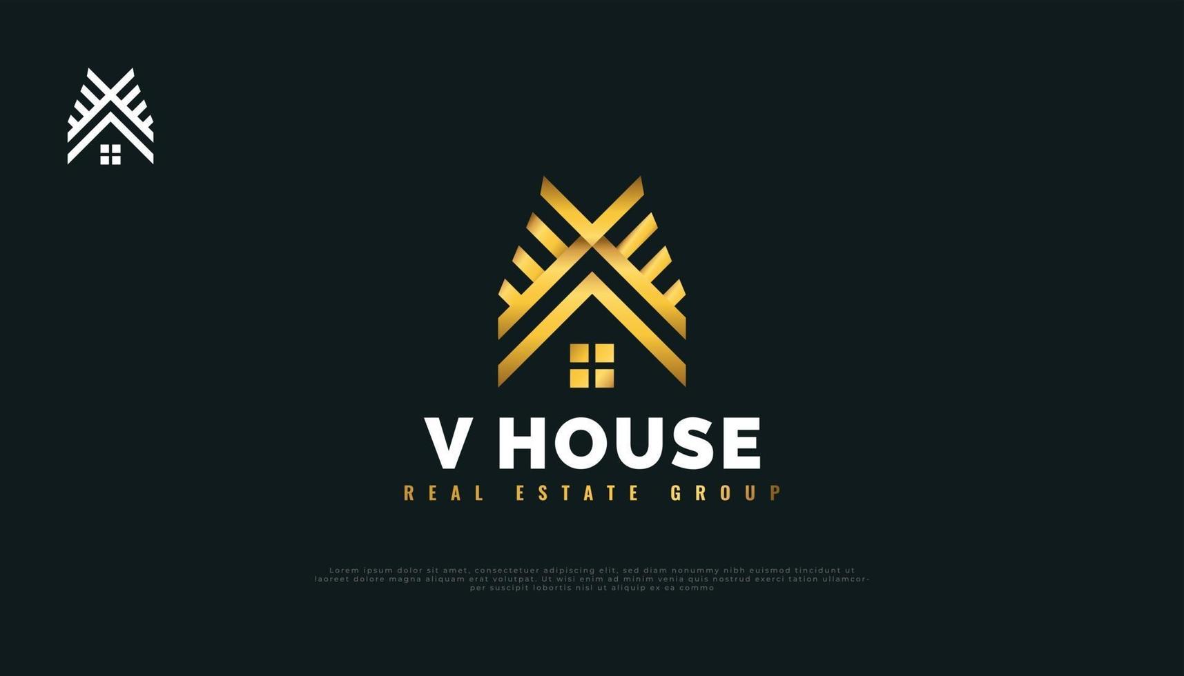 design de logotipo de casa dourada com letra inicial v. construção, arquitetura ou design de logotipo de construção vetor