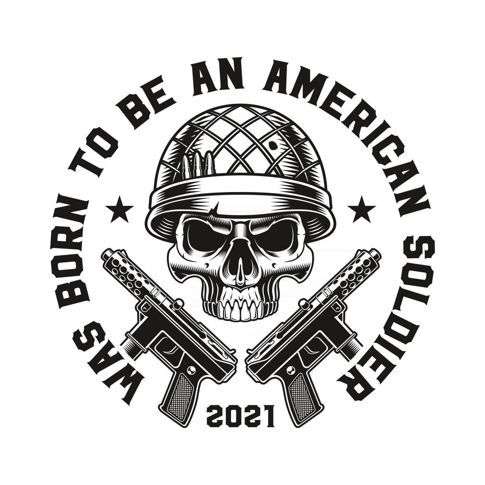 uma ilustração em vetor preto e branco de um crânio militar com pistolas
