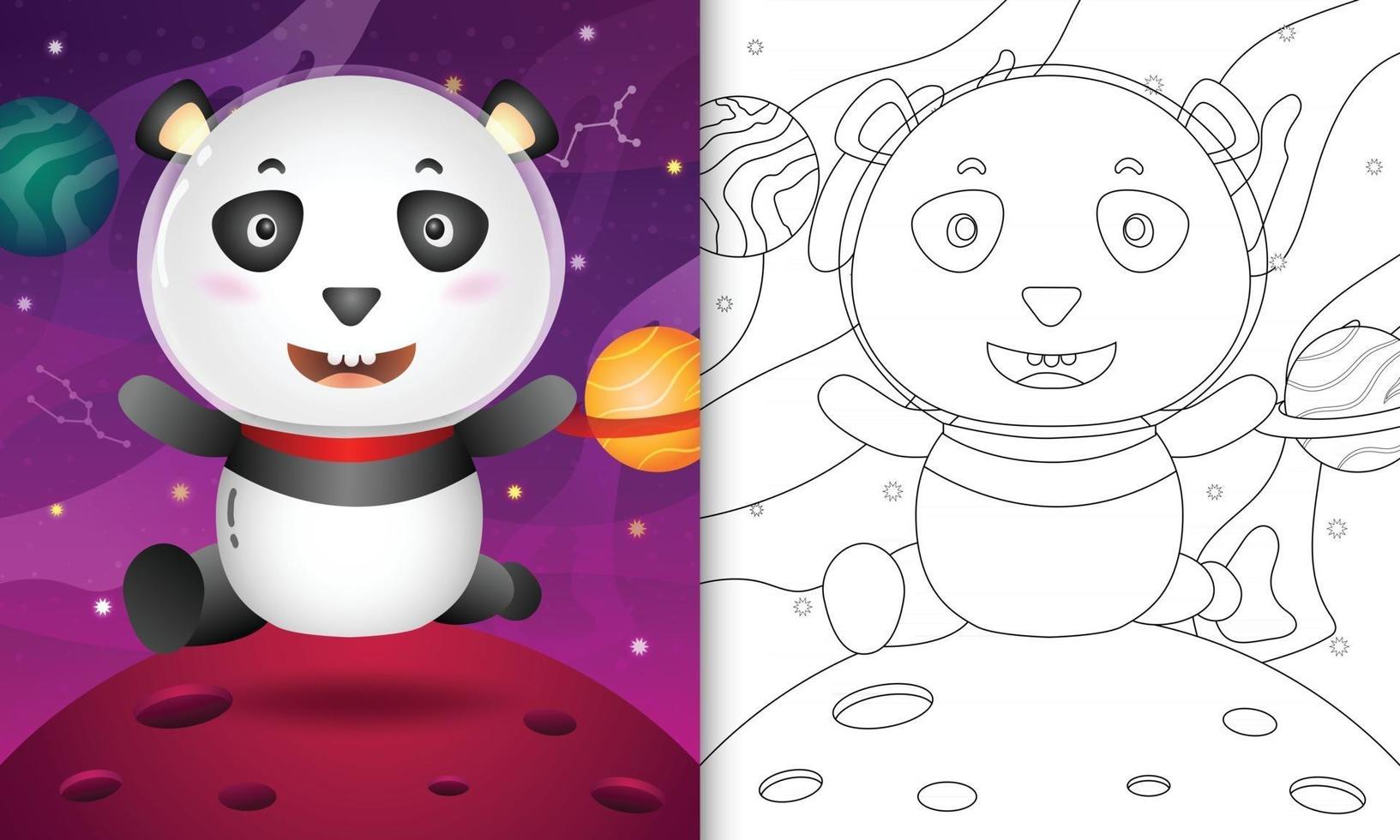 livro de colorir para crianças com um panda fofo na galáxia espacial vetor