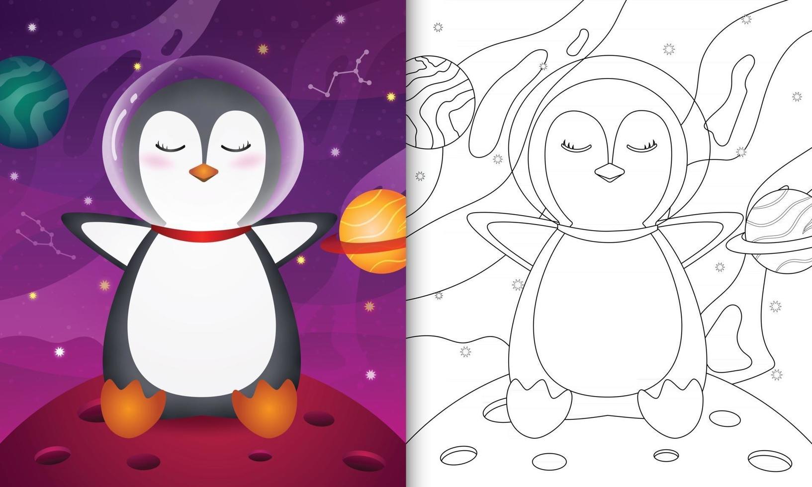 livro de colorir para crianças com um pinguim fofo na galáxia espacial vetor