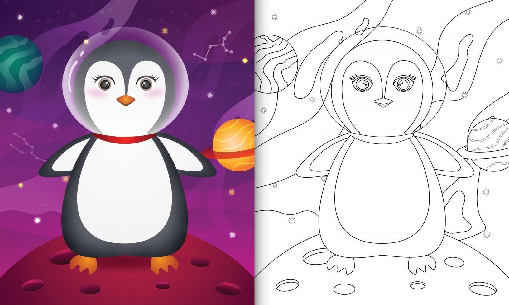 livro de colorir para crianças com um pinguim fofo na galáxia espacial vetor