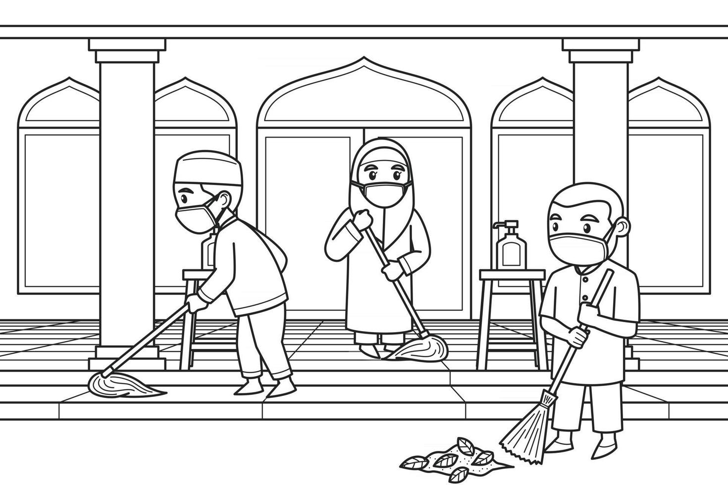 crianças limpando o pátio da mesquita usando máscaras. vetor. livro de colorir. vetor