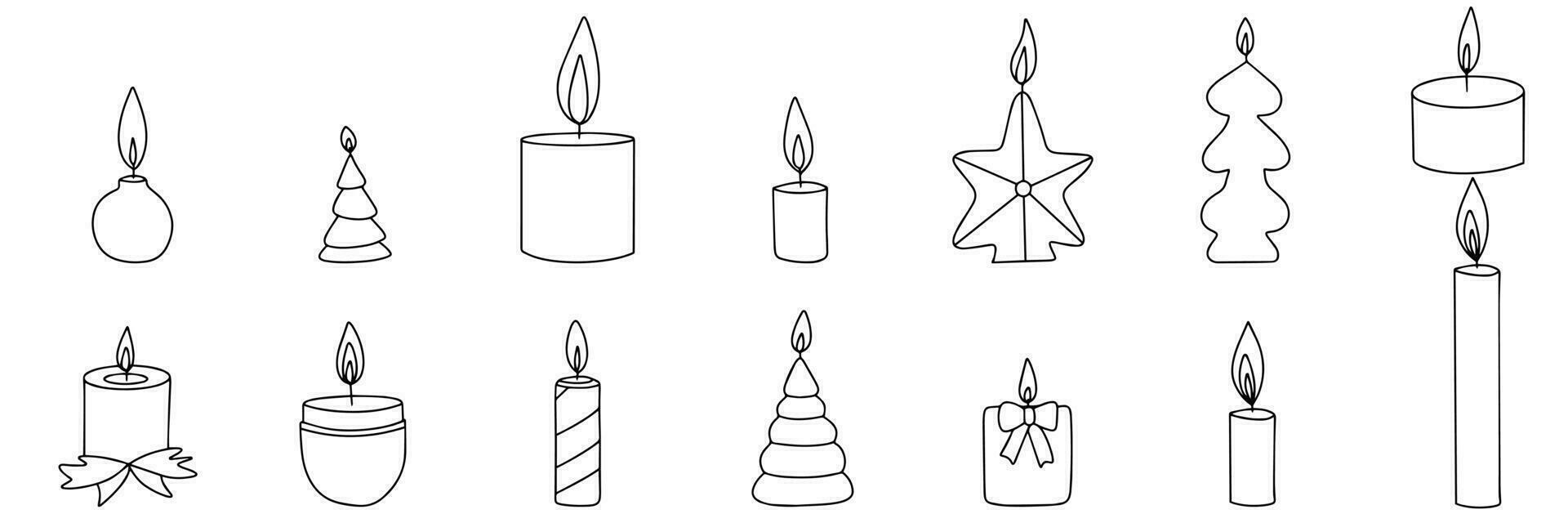 coleção do velas dentro rabisco estilo isolado em branco fundo. conjunto do Natal decoração dentro contorno. vetor ilustração.