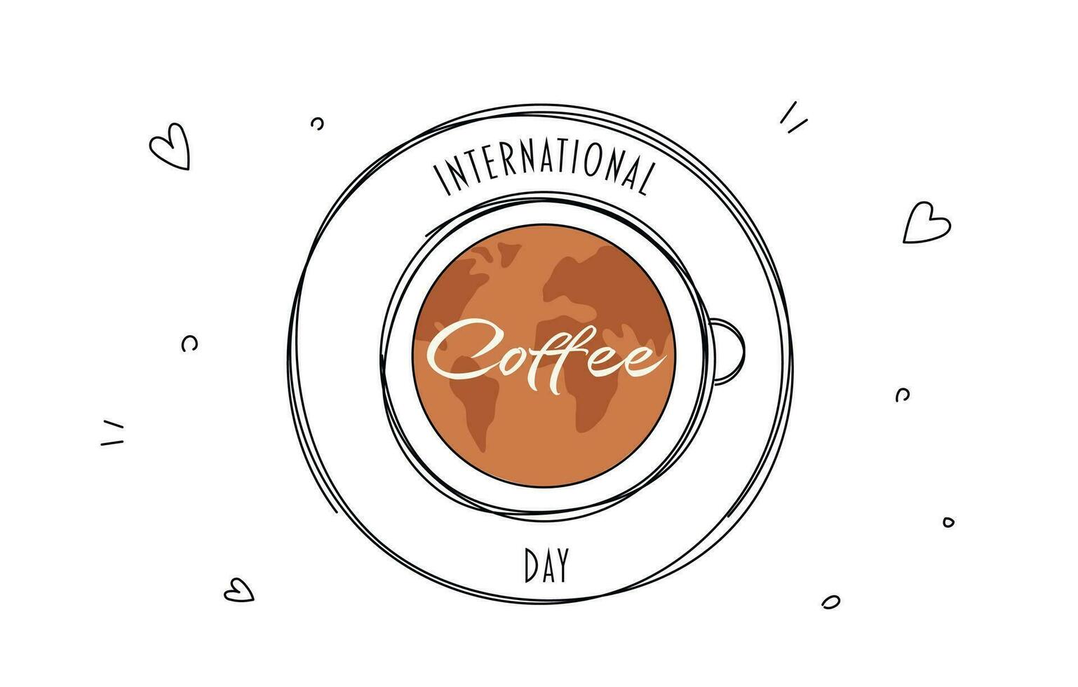 internacional café dia mão desenhado projeto em branco fundo. café copo com planeta terra dentro rabisco estilo. adequado para bandeiras, cumprimento cartões, cartazes, logotipo vetor