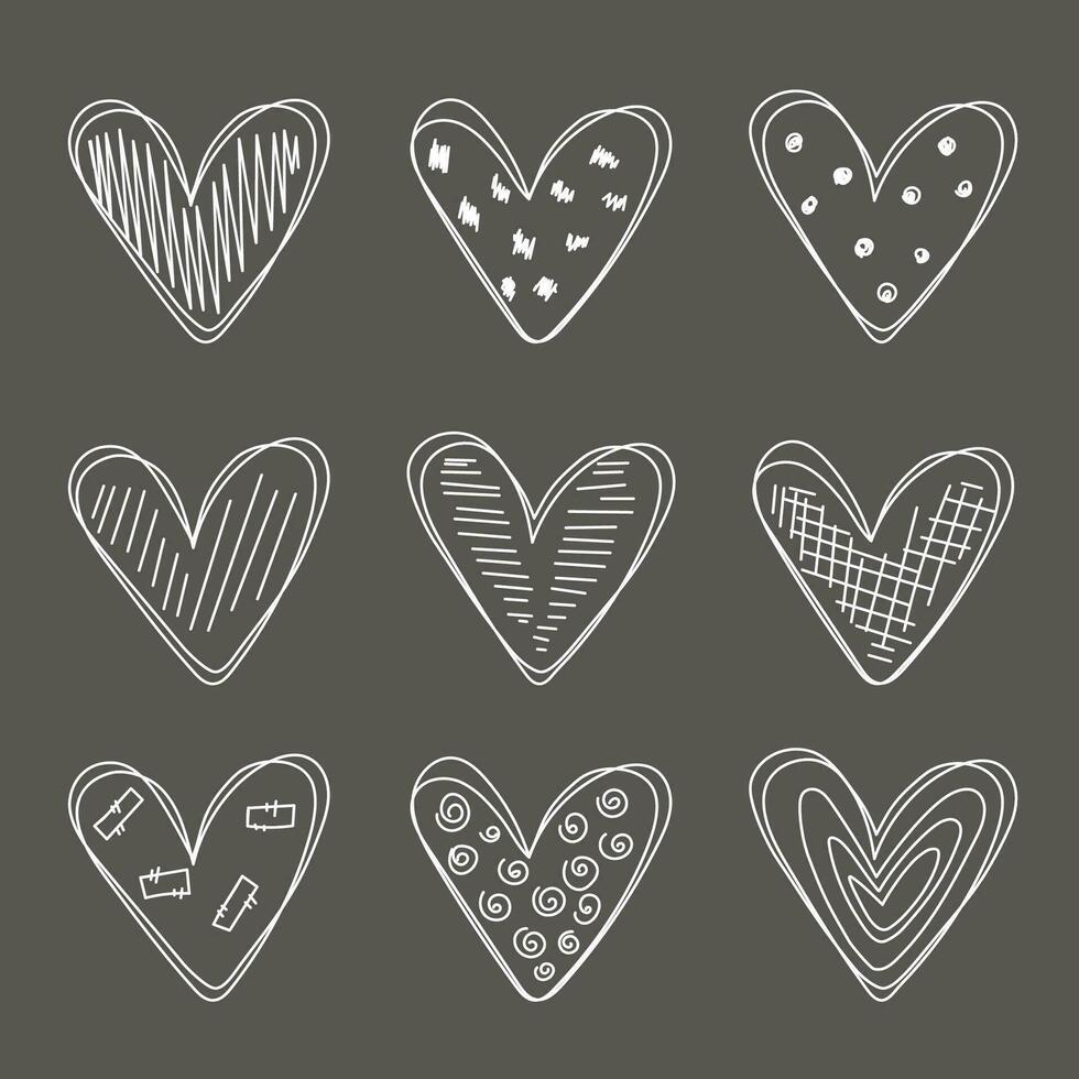 conjunto do rabisco corações desenhado com giz em uma Preto borda. corações coleção com decoração. amor símbolo ilustração. conjunto do corações dentro rabisco estilo. vetor
