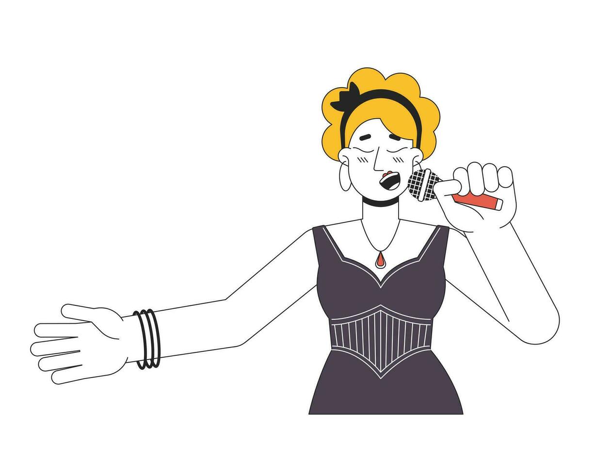 caucasiano fêmea cantor vocalista segurando microfone 2d linear desenho animado personagem. europeu adulto mulher isolado linha vetor pessoa branco fundo. show cantando cor plano local ilustração