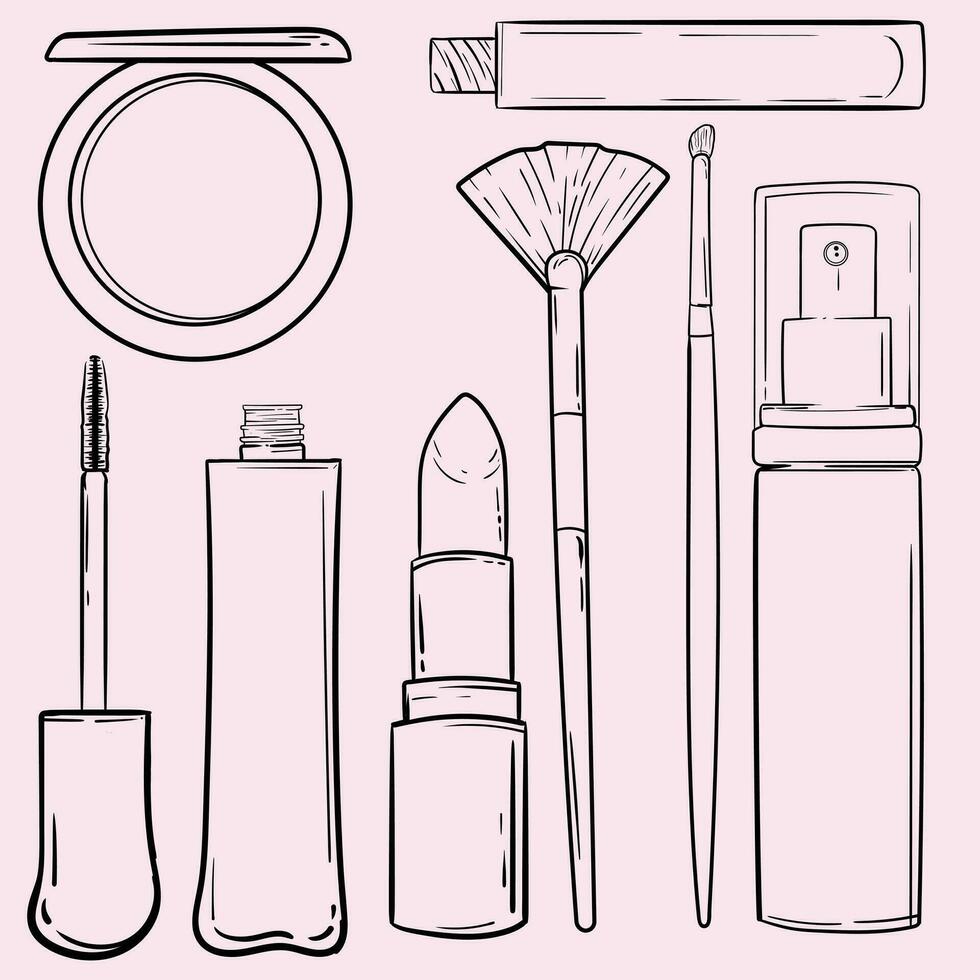 mão desenhado cosméticos produtos. coleções do pele saúde e beleza ilustrações, spa salão e auto Cuidado sinais. isolado vetor definir.