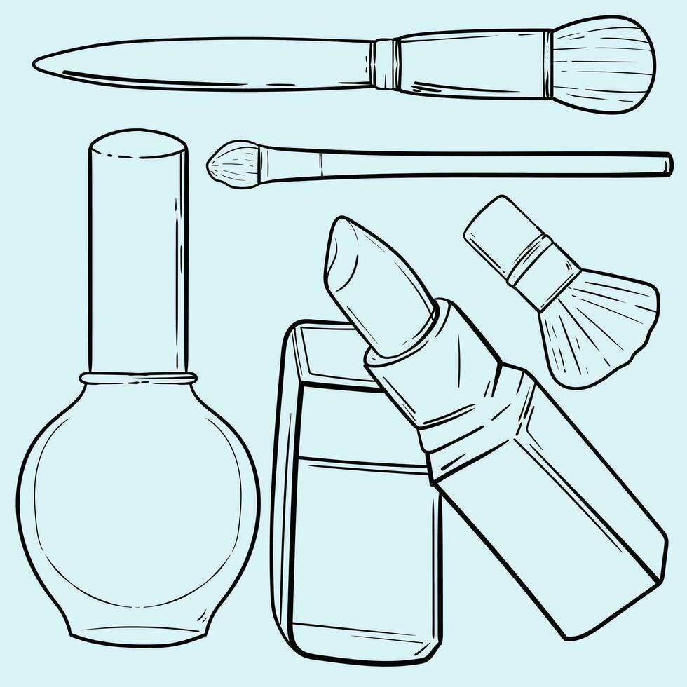 mão desenhado cosméticos produtos. coleções do pele saúde e beleza ilustrações, spa salão e auto Cuidado sinais. isolado vetor definir.