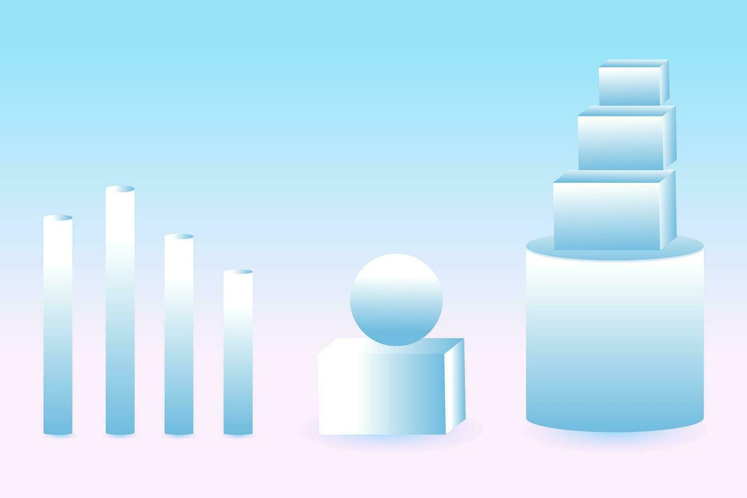 frente Visão do 3d abstrato imagem do dois esferas em pedestais e cilindros atrás eles contra azul fundo vetor