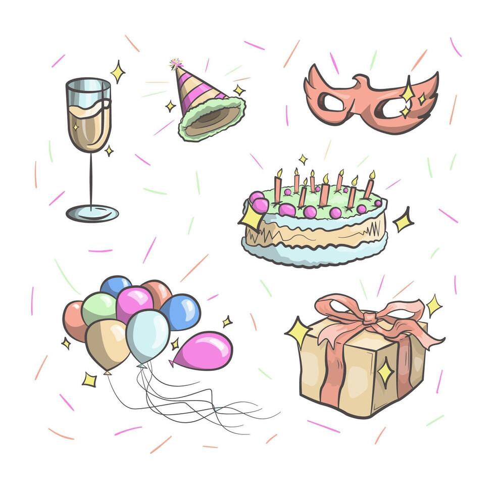 grande pacote de elementos isolados do vetor para calibração e decoração de festa de aniversário, ilustração plana colorida do ícone do vetor