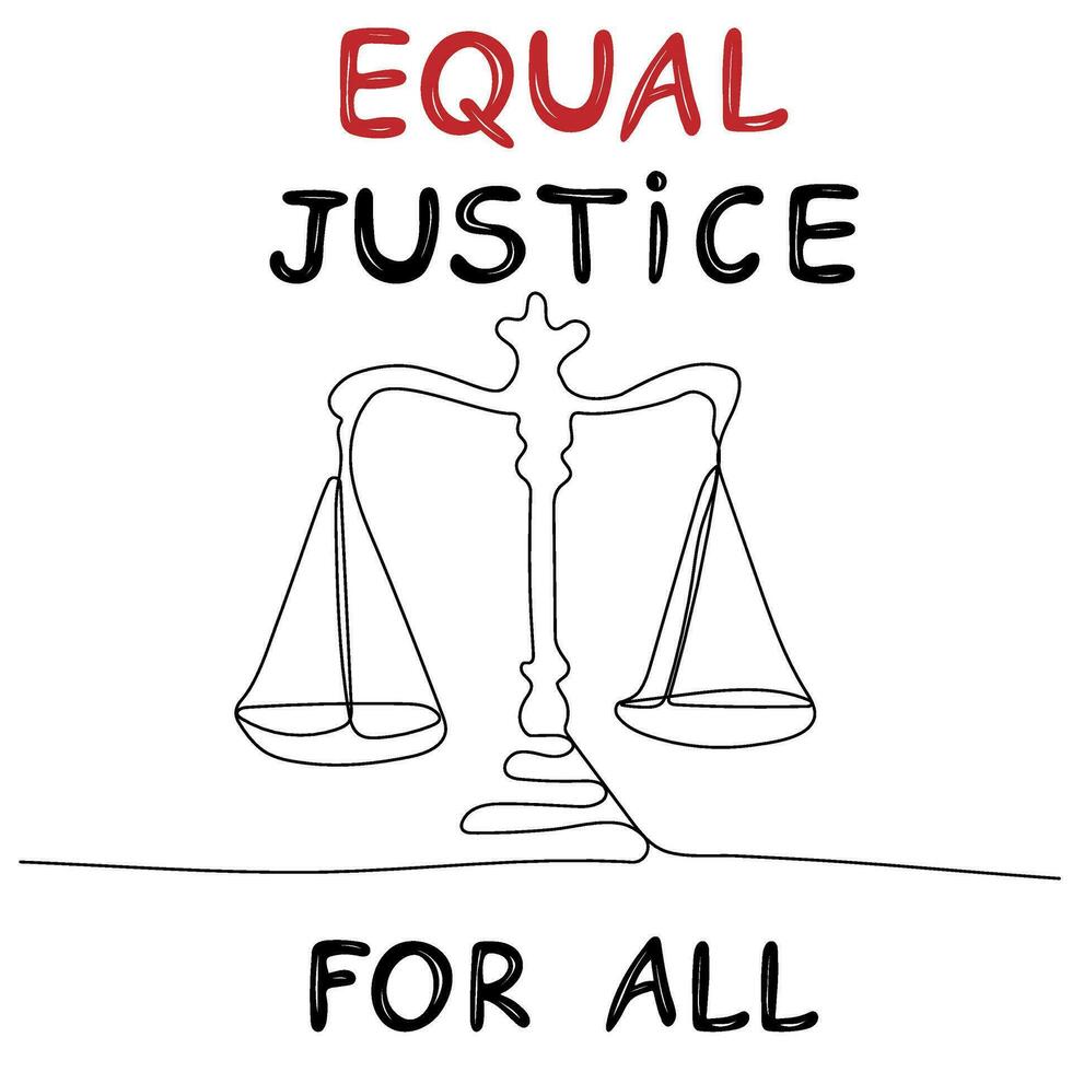 igual justiça para todos. contínuo 1 linha desenhando equilibrado balanças do justiça. todos é igual antes a lei vetor