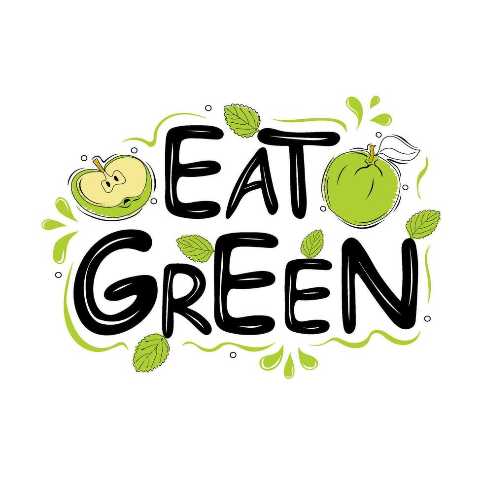 comer verde texto com verde maçã e hortelã folhas vetor