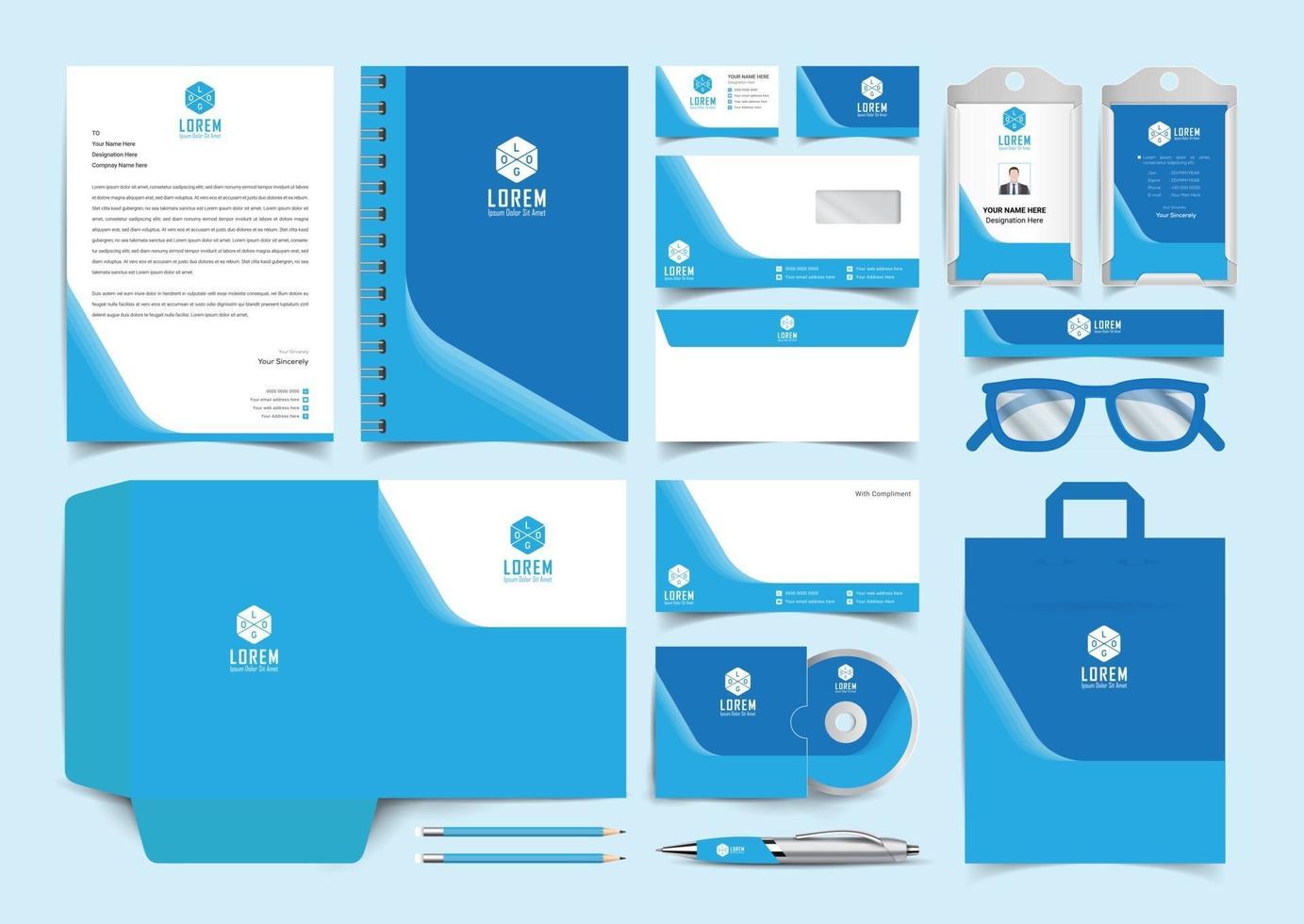 conjunto de identidade corporativa azul. kit de design de modelo de papelaria. pacote de identidade de marca editável de modelo de marca vetor