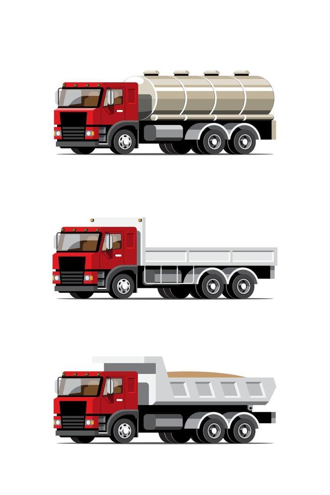 conjunto de ícones coloridos de vetor de grande veículo isolado, ilustrações planas de vários tipos de caminhão, conceito de transporte comercial logístico.
